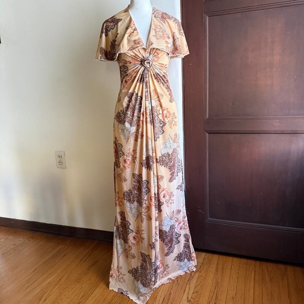 1970s Vintage CORKY CRAIG Neutral Brown Floral Cape Sleeve Maxi Dress Gown Small